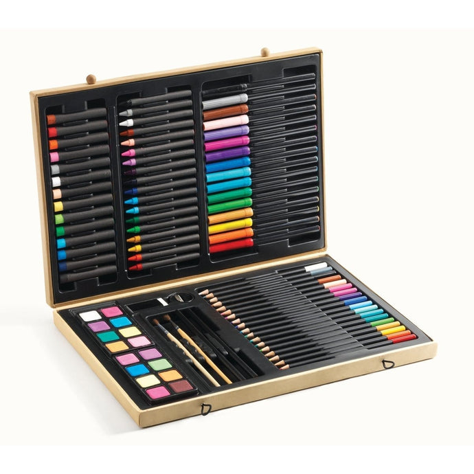 La Grande Boîte de couleurs - Coffret en bois de nécessaire à dessin - Crayons et feutres pour enfant 6 ans et +
