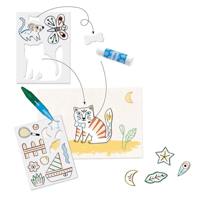 Créer avec 80 formes - Coloriage & Collage avec animaux et décors-Djeco-Kit créatif pour enfant