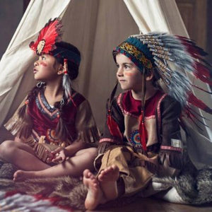 Coiffe pour indien et indienne Ituha avec plumes rouges - Déguisement enfant 3-7 ans