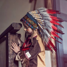 Charger l&#39;image dans la galerie, Coiffe pour indien et indienne Ituha avec plumes rouges - Déguisement enfant 3-7 ans
