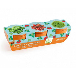 Kit de jardinage - Mes 3 pots gourmands - Basilic, tomates cerises et Cressonnette à faire pousser - Radis et Capucine